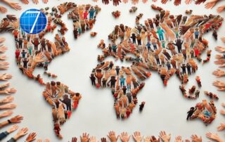 A world map made of interconnected hands of various skin tones, symbolizing global inclusivity and cultural competence in leadership, highlighting the importance of diversity, equity, and unity across different backgrounds.