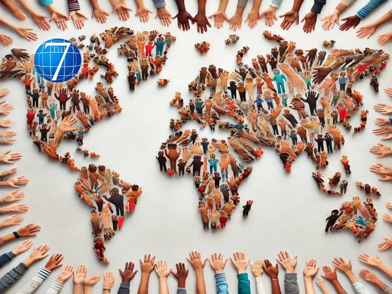 A world map made of interconnected hands of various skin tones, symbolizing global inclusivity and cultural competence in leadership, highlighting the importance of diversity, equity, and unity across different backgrounds.