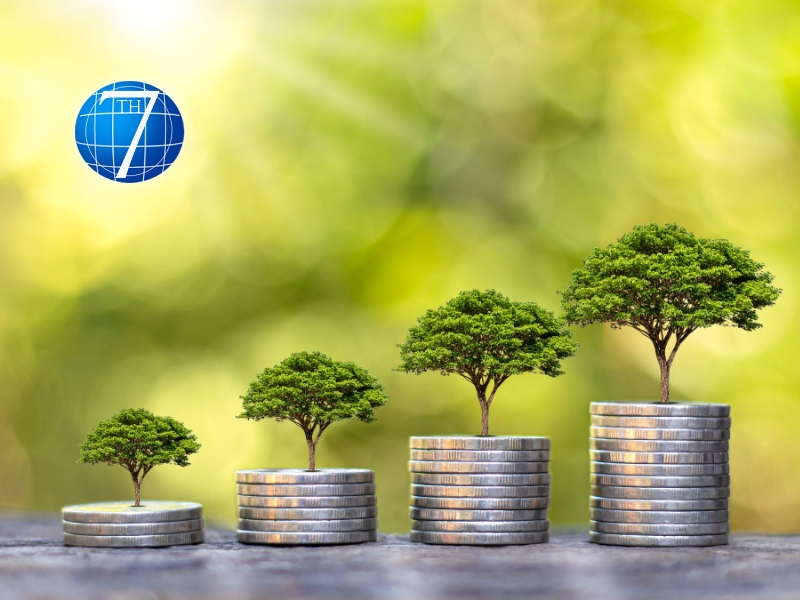 A series of growing trees atop stacks of coins, symbolizing the balance between financial growth and sustainability, reflecting the concept of sustainable leadership that integrates profit and purpose for long-term success.