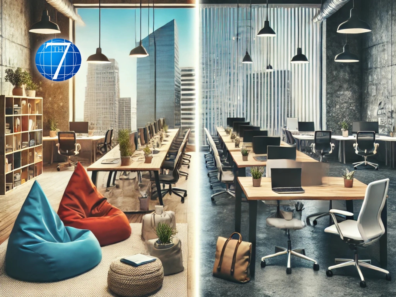 An illustration contrasting a vibrant start-up environment with a traditional corporate office. The start-up features colourful bean bags and collaborative brainstorming, showcasing leadership in start-ups, while the corporate office has cubicles and a formal atmosphere, highlighting a more structured work culture.