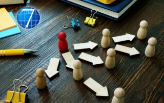 Wooden figures arranged on a desk with arrows connecting them, symbolizing delegation and the flow of tasks within a team, accompanied by office supplies and notebooks in the background.