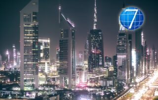 Night view of a futuristic cityscape illuminated with skyscrapers and vibrant lights, symbolizing innovation and progress, aligning with the theme of leadership in disruption.